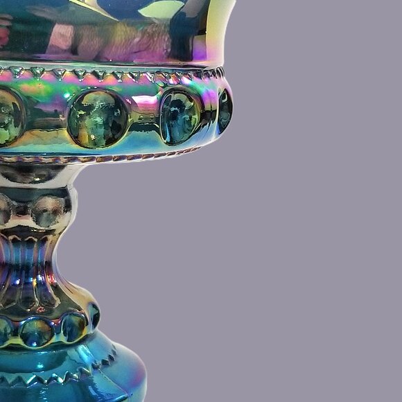 Iridescent Blue Carnival Glass Compote Dish by Indiana Kings Crown Thumbprint - Picture 4 of 11